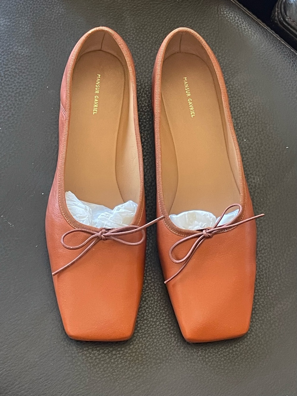 Brand New, Mansur Gavriel Maple  Leather Square-Toe Ballet Flats, Size 37.5